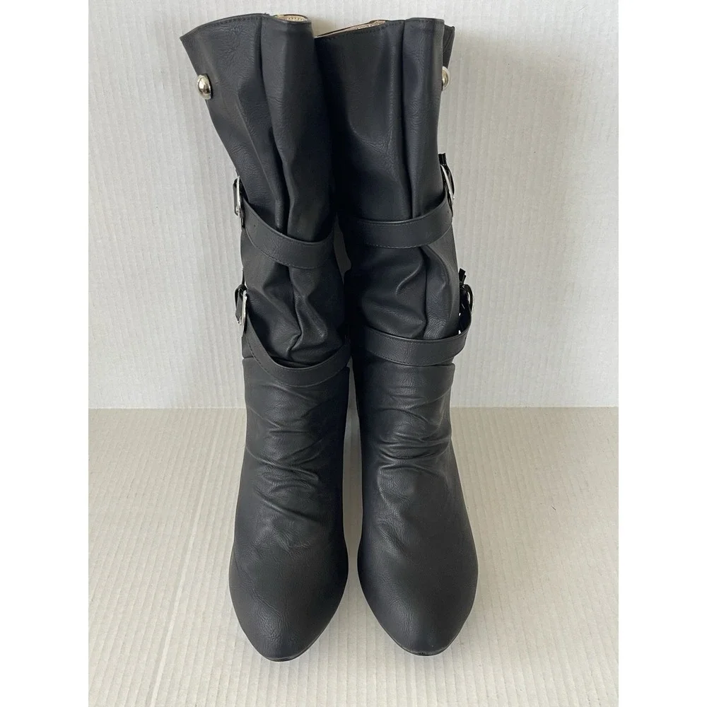 Stylish Black Slouch Mid Calf Double Buckle Boots EU 43 US 11 NWOB Kitten Heel